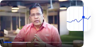 Video hướng dẫn giao dịch trong ứng dụng với người hướng dẫn nói chuyện bên cạnh biểu tượng biểu đồ thị trường chứng khoán.